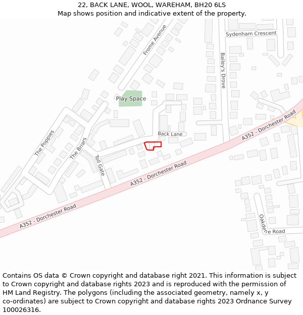 22, BACK LANE, WOOL, WAREHAM, BH20 6LS: Location map and indicative extent of plot