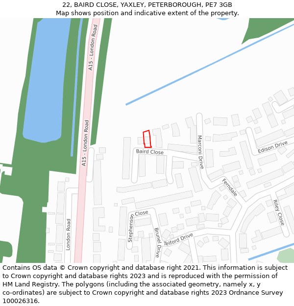 22, BAIRD CLOSE, YAXLEY, PETERBOROUGH, PE7 3GB: Location map and indicative extent of plot