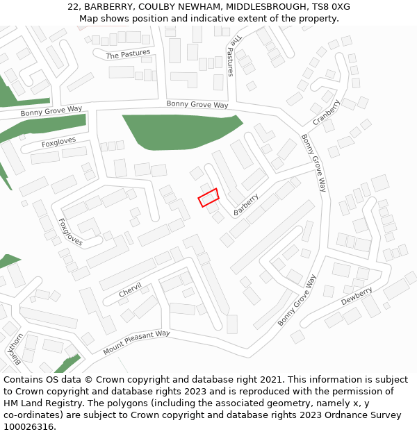 22, BARBERRY, COULBY NEWHAM, MIDDLESBROUGH, TS8 0XG: Location map and indicative extent of plot