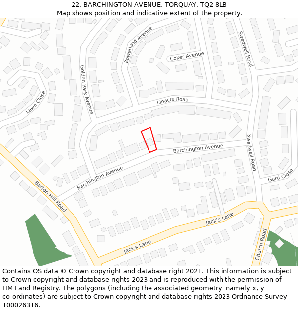 22, BARCHINGTON AVENUE, TORQUAY, TQ2 8LB: Location map and indicative extent of plot