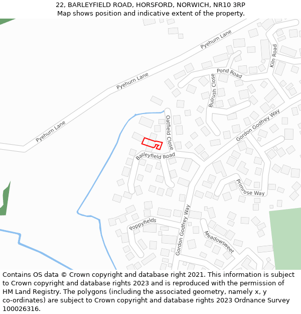 22, BARLEYFIELD ROAD, HORSFORD, NORWICH, NR10 3RP: Location map and indicative extent of plot