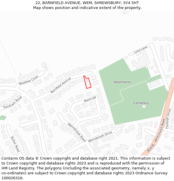 22, BARNFIELD AVENUE, WEM, SHREWSBURY, SY4 5HT: Location map and indicative extent of plot