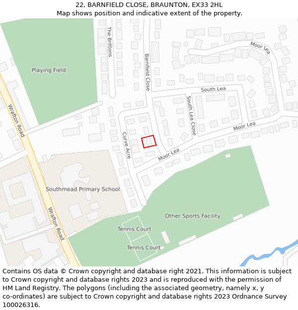 22, BARNFIELD CLOSE, BRAUNTON, EX33 2HL: Location map and indicative extent of plot