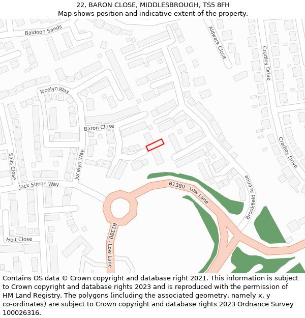 22, BARON CLOSE, MIDDLESBROUGH, TS5 8FH: Location map and indicative extent of plot