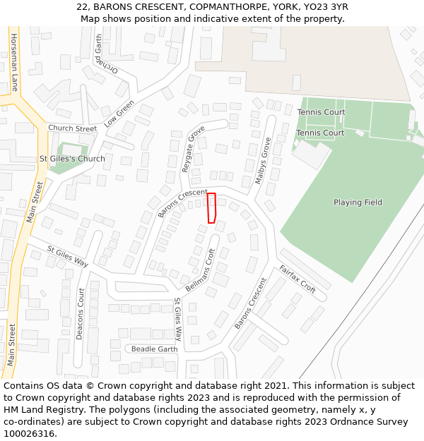 22, BARONS CRESCENT, COPMANTHORPE, YORK, YO23 3YR: Location map and indicative extent of plot