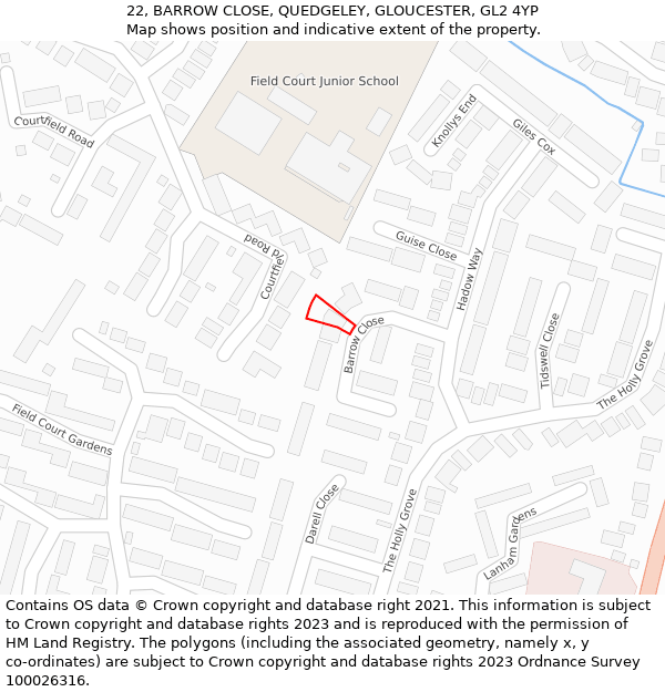 22, BARROW CLOSE, QUEDGELEY, GLOUCESTER, GL2 4YP: Location map and indicative extent of plot