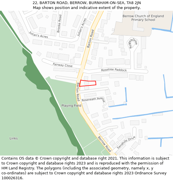 22, BARTON ROAD, BERROW, BURNHAM-ON-SEA, TA8 2JN: Location map and indicative extent of plot