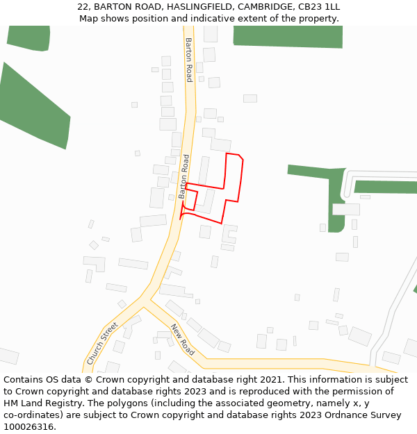 22, BARTON ROAD, HASLINGFIELD, CAMBRIDGE, CB23 1LL: Location map and indicative extent of plot