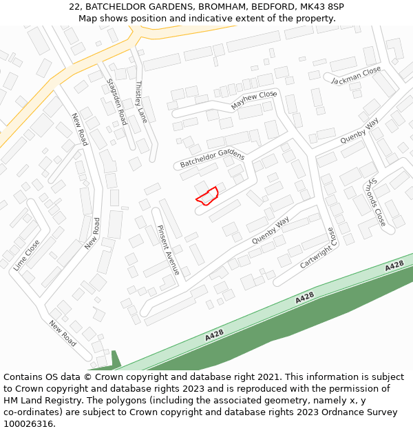 22, BATCHELDOR GARDENS, BROMHAM, BEDFORD, MK43 8SP: Location map and indicative extent of plot