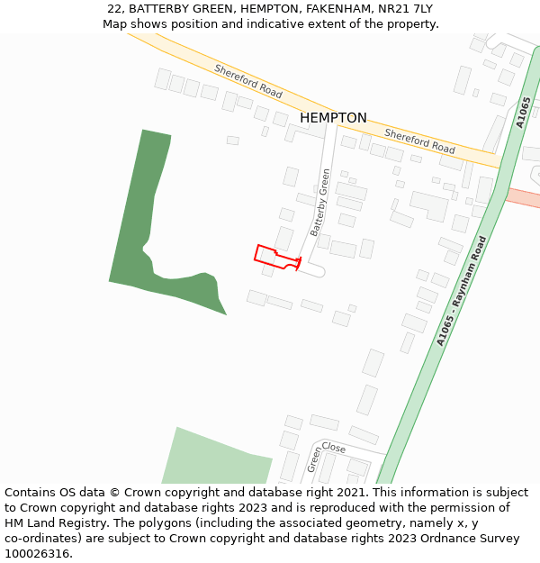 22, BATTERBY GREEN, HEMPTON, FAKENHAM, NR21 7LY: Location map and indicative extent of plot