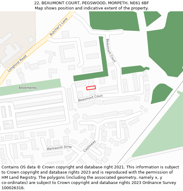 22, BEAUMONT COURT, PEGSWOOD, MORPETH, NE61 6BF: Location map and indicative extent of plot