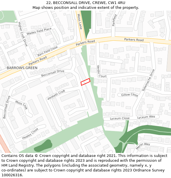 22, BECCONSALL DRIVE, CREWE, CW1 4RU: Location map and indicative extent of plot