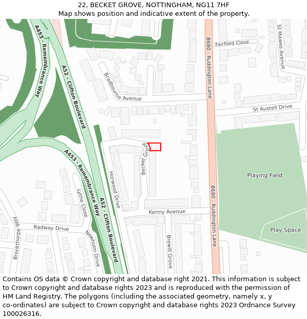 22, BECKET GROVE, NOTTINGHAM, NG11 7HF: Location map and indicative extent of plot