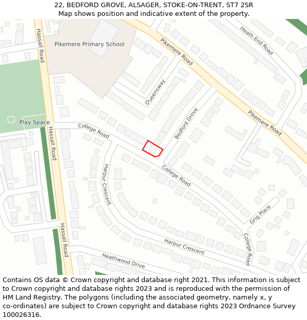 22, BEDFORD GROVE, ALSAGER, STOKE-ON-TRENT, ST7 2SR: Location map and indicative extent of plot