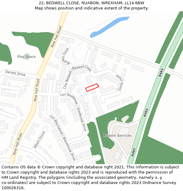 22, BEDWELL CLOSE, RUABON, WREXHAM, LL14 6BW: Location map and indicative extent of plot