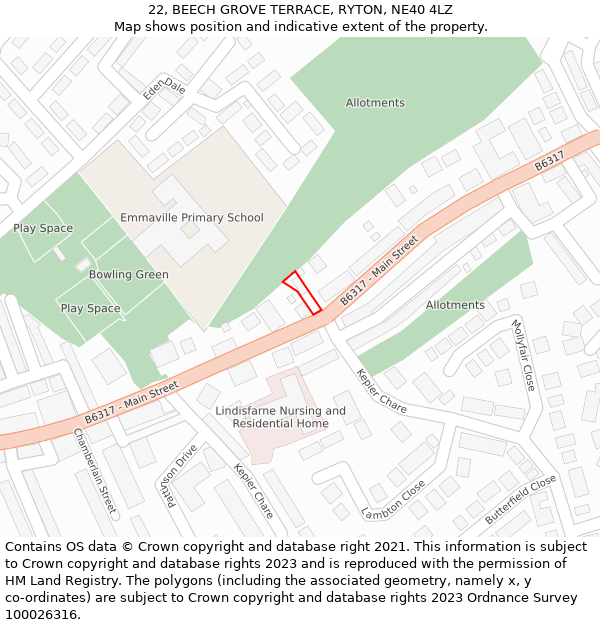 22, BEECH GROVE TERRACE, RYTON, NE40 4LZ: Location map and indicative extent of plot