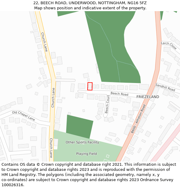 22, BEECH ROAD, UNDERWOOD, NOTTINGHAM, NG16 5FZ: Location map and indicative extent of plot