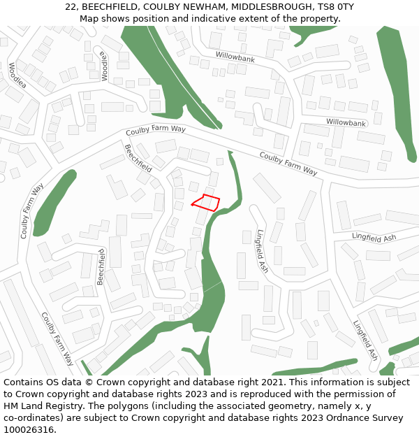 22, BEECHFIELD, COULBY NEWHAM, MIDDLESBROUGH, TS8 0TY: Location map and indicative extent of plot