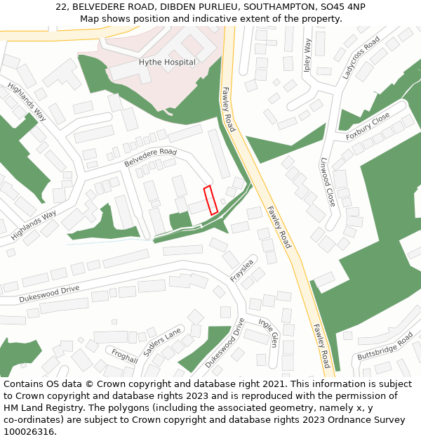 22, BELVEDERE ROAD, DIBDEN PURLIEU, SOUTHAMPTON, SO45 4NP: Location map and indicative extent of plot