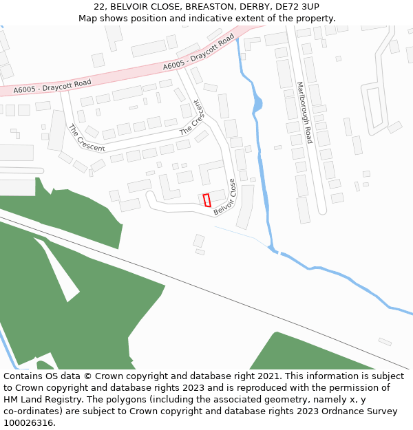 22, BELVOIR CLOSE, BREASTON, DERBY, DE72 3UP: Location map and indicative extent of plot