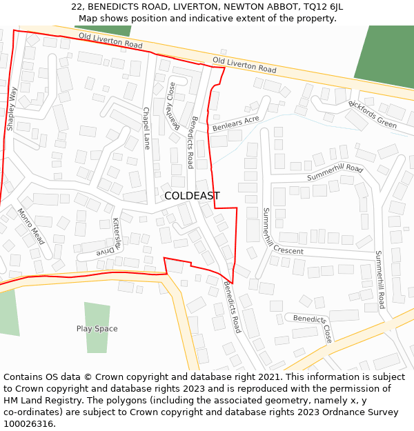 22, BENEDICTS ROAD, LIVERTON, NEWTON ABBOT, TQ12 6JL: Location map and indicative extent of plot