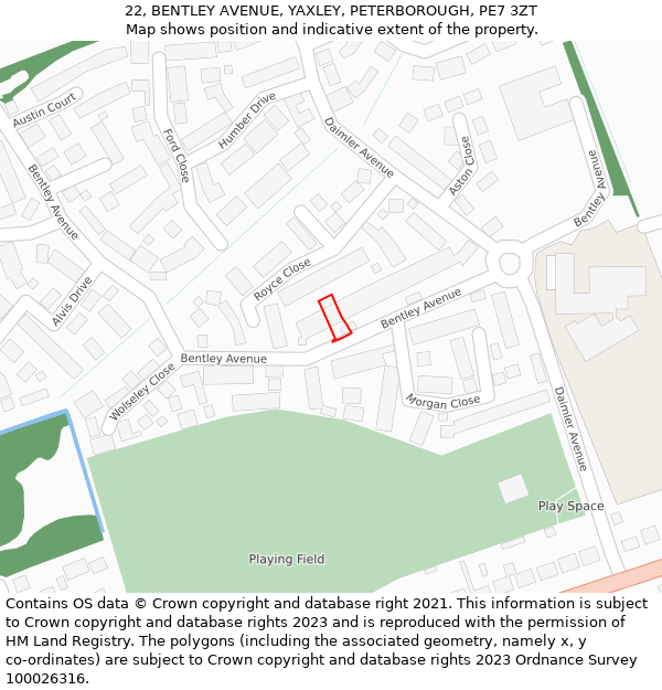 22, BENTLEY AVENUE, YAXLEY, PETERBOROUGH, PE7 3ZT: Location map and indicative extent of plot