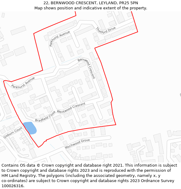 22, BERNWOOD CRESCENT, LEYLAND, PR25 5PN: Location map and indicative extent of plot