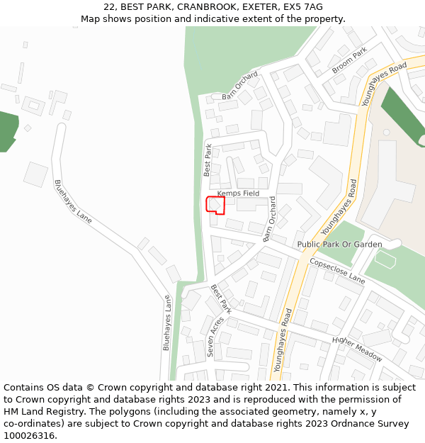 22, BEST PARK, CRANBROOK, EXETER, EX5 7AG: Location map and indicative extent of plot