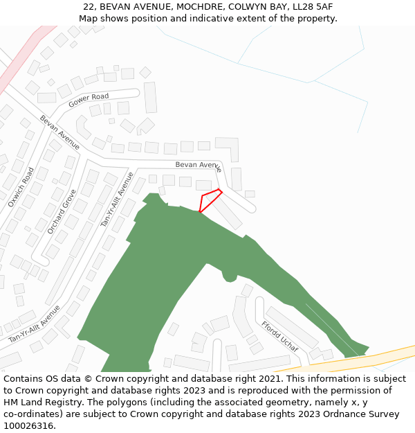 22, BEVAN AVENUE, MOCHDRE, COLWYN BAY, LL28 5AF: Location map and indicative extent of plot
