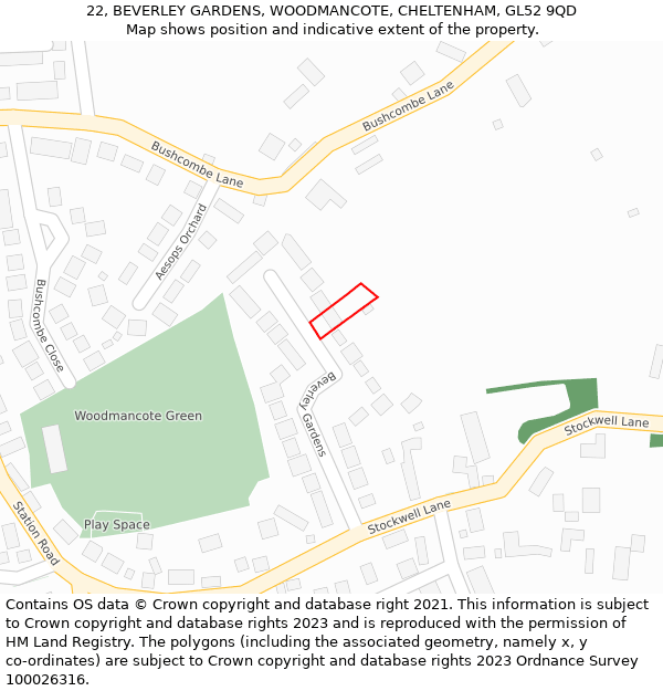 22, BEVERLEY GARDENS, WOODMANCOTE, CHELTENHAM, GL52 9QD: Location map and indicative extent of plot