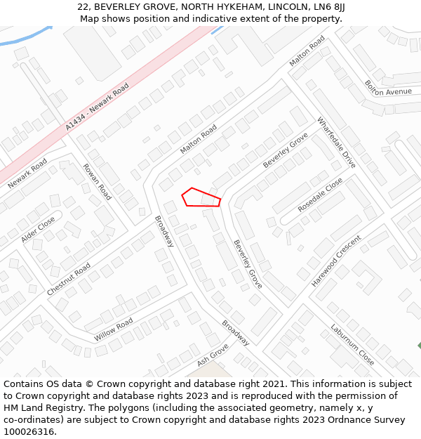 22, BEVERLEY GROVE, NORTH HYKEHAM, LINCOLN, LN6 8JJ: Location map and indicative extent of plot