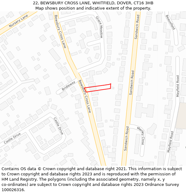 22, BEWSBURY CROSS LANE, WHITFIELD, DOVER, CT16 3HB: Location map and indicative extent of plot