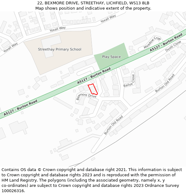 22, BEXMORE DRIVE, STREETHAY, LICHFIELD, WS13 8LB: Location map and indicative extent of plot