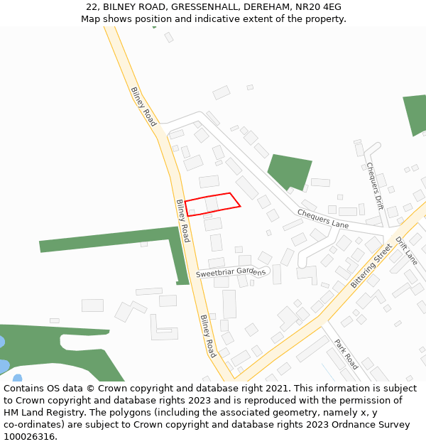 22, BILNEY ROAD, GRESSENHALL, DEREHAM, NR20 4EG: Location map and indicative extent of plot