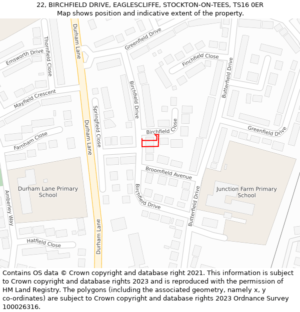 22, BIRCHFIELD DRIVE, EAGLESCLIFFE, STOCKTON-ON-TEES, TS16 0ER: Location map and indicative extent of plot