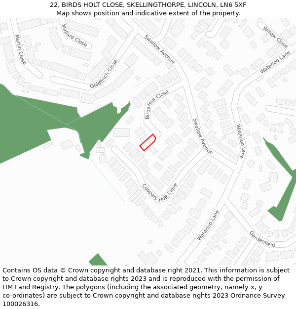 22, BIRDS HOLT CLOSE, SKELLINGTHORPE, LINCOLN, LN6 5XF: Location map and indicative extent of plot