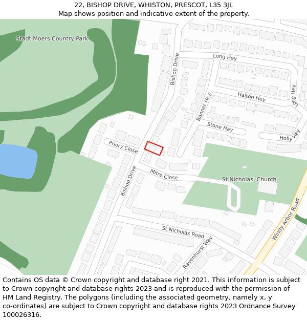 22, BISHOP DRIVE, WHISTON, PRESCOT, L35 3JL: Location map and indicative extent of plot