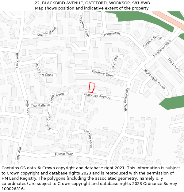 22, BLACKBIRD AVENUE, GATEFORD, WORKSOP, S81 8WB: Location map and indicative extent of plot