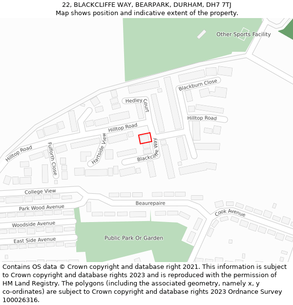 22, BLACKCLIFFE WAY, BEARPARK, DURHAM, DH7 7TJ: Location map and indicative extent of plot