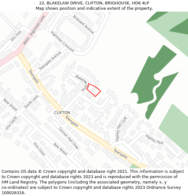 22, BLAKELAW DRIVE, CLIFTON, BRIGHOUSE, HD6 4LP: Location map and indicative extent of plot