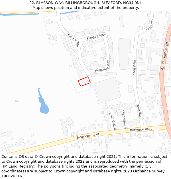22, BLASSON WAY, BILLINGBOROUGH, SLEAFORD, NG34 0NL: Location map and indicative extent of plot