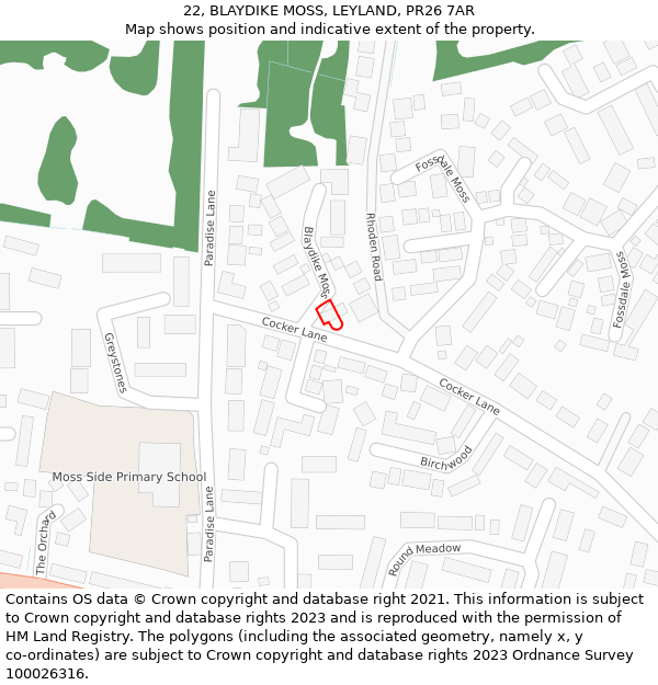 22, BLAYDIKE MOSS, LEYLAND, PR26 7AR: Location map and indicative extent of plot
