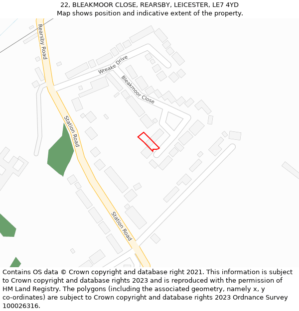 22, BLEAKMOOR CLOSE, REARSBY, LEICESTER, LE7 4YD: Location map and indicative extent of plot