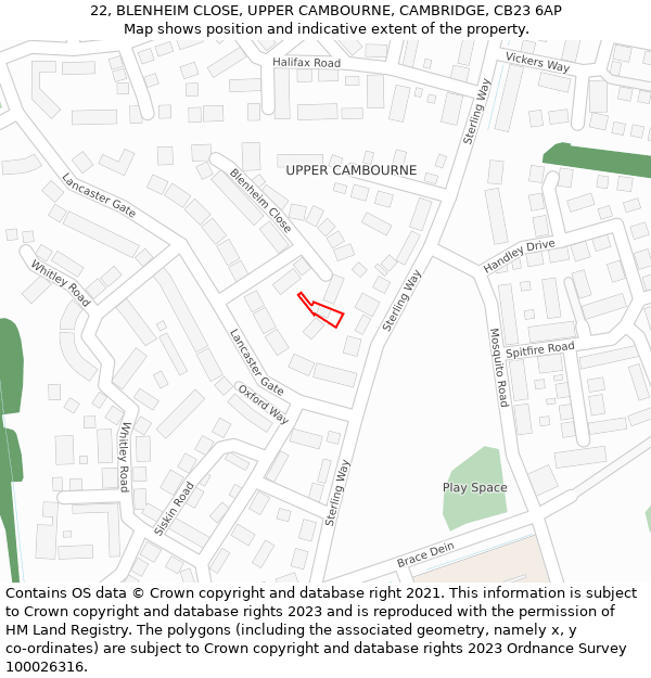 22, BLENHEIM CLOSE, UPPER CAMBOURNE, CAMBRIDGE, CB23 6AP: Location map and indicative extent of plot