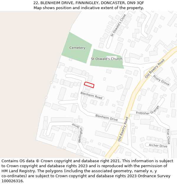 22, BLENHEIM DRIVE, FINNINGLEY, DONCASTER, DN9 3QF: Location map and indicative extent of plot