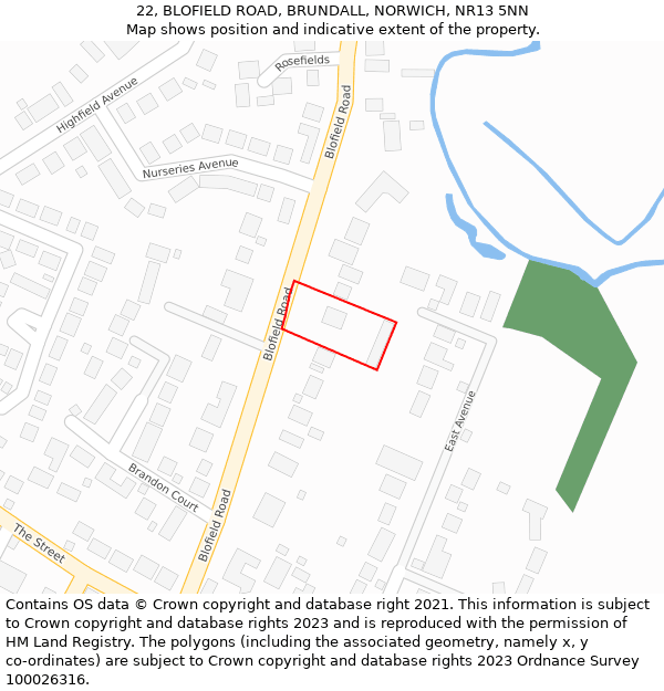 22, BLOFIELD ROAD, BRUNDALL, NORWICH, NR13 5NN: Location map and indicative extent of plot