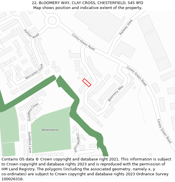 22, BLOOMERY WAY, CLAY CROSS, CHESTERFIELD, S45 9FD: Location map and indicative extent of plot