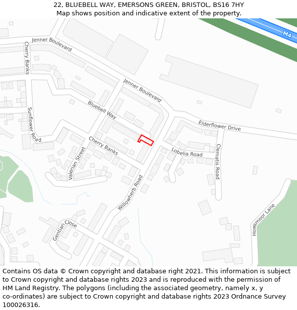 22, BLUEBELL WAY, EMERSONS GREEN, BRISTOL, BS16 7HY: Location map and indicative extent of plot