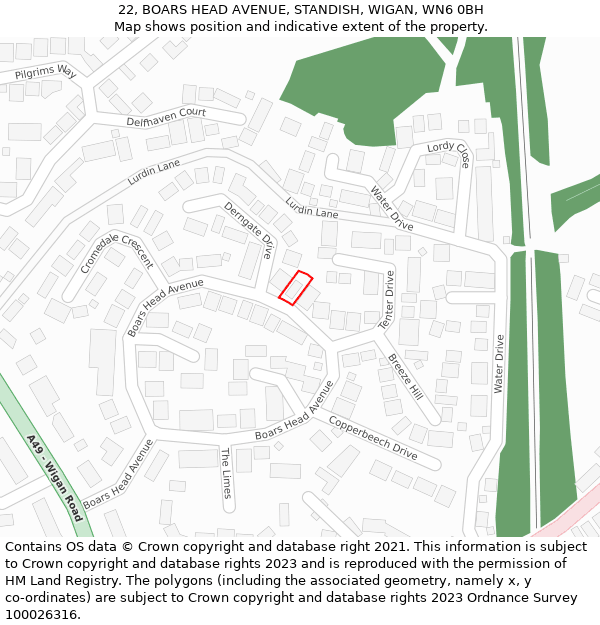 22, BOARS HEAD AVENUE, STANDISH, WIGAN, WN6 0BH: Location map and indicative extent of plot