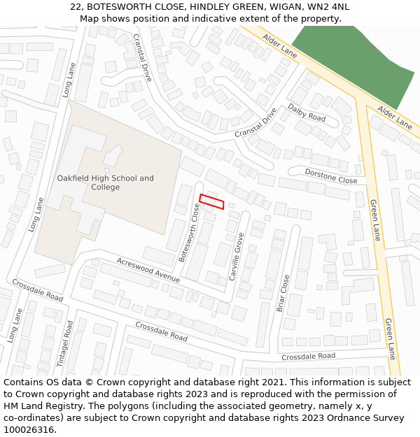 22, BOTESWORTH CLOSE, HINDLEY GREEN, WIGAN, WN2 4NL: Location map and indicative extent of plot